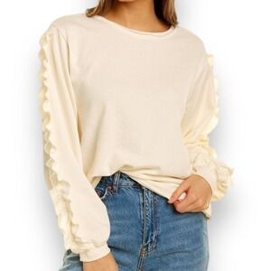 Grey State L Sweatshirt Arabella Jet Stream Ruffle Sleeve Cream Slouchy Cozy
